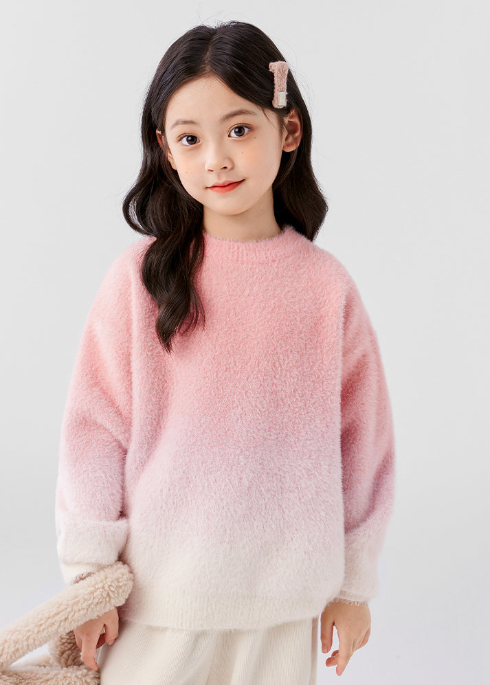 Gradient Color Pink O-Neck Mink Velvet Knit Girls Sweater Spring TP048