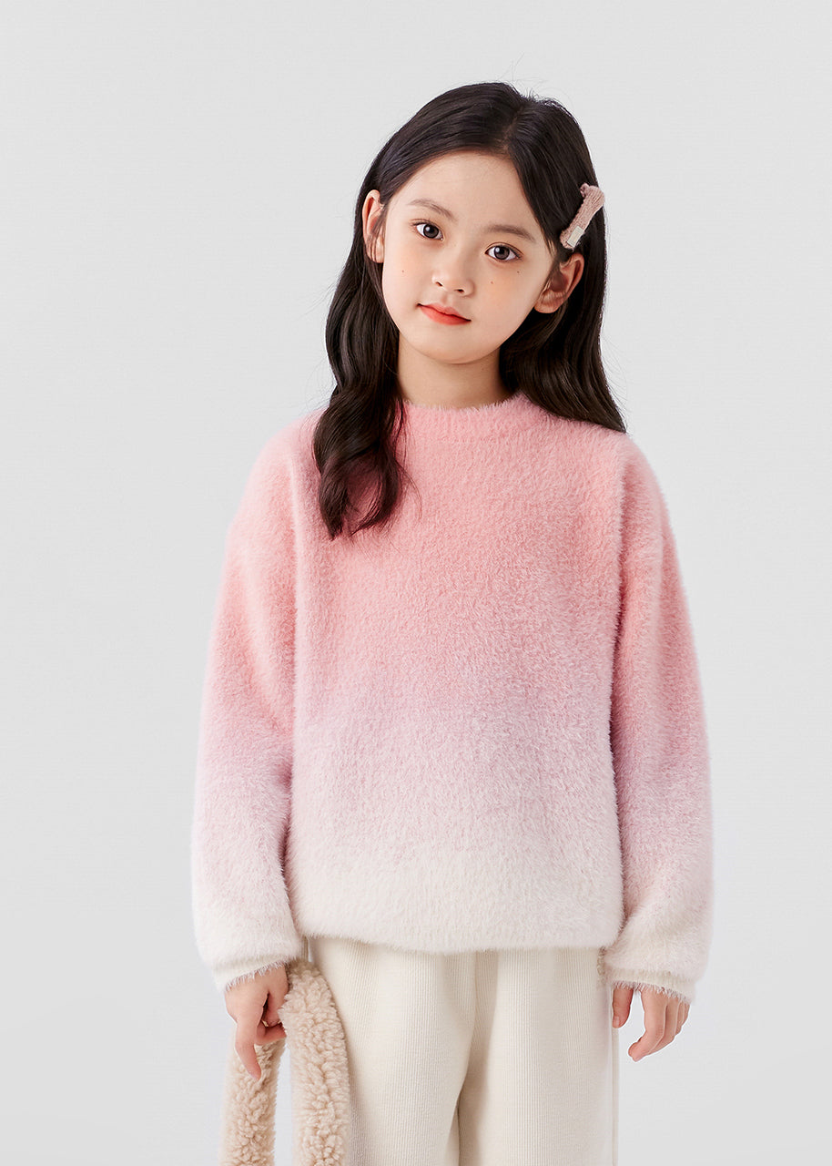 Gradient Color Pink O-Neck Mink Velvet Knit Girls Sweater Spring TP048