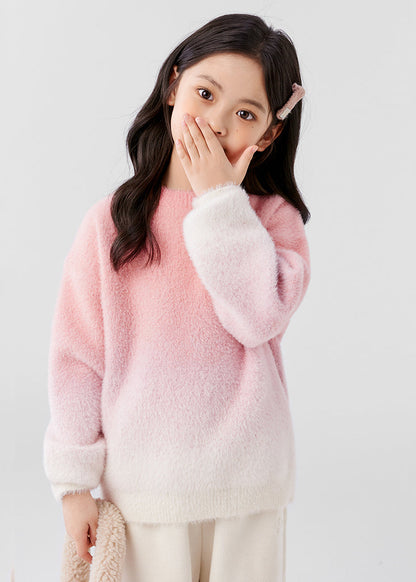 Gradient Color Pink O-Neck Mink Velvet Knit Girls Sweater Spring TP048