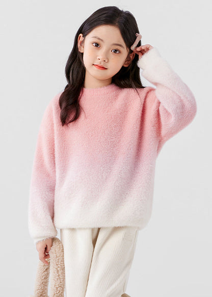 Gradient Color Pink O-Neck Mink Velvet Knit Girls Sweater Spring TP048