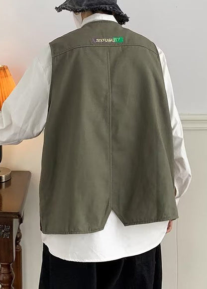 Green Button Patchwork Cotton Mens Waistcoat V Neck Sleeveless RN006