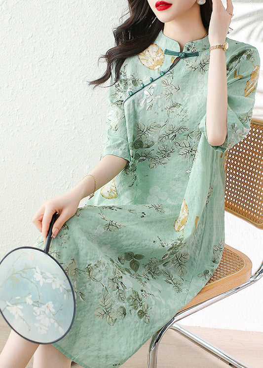 Green Print Linen Dresses Stand Collar Summer JH013