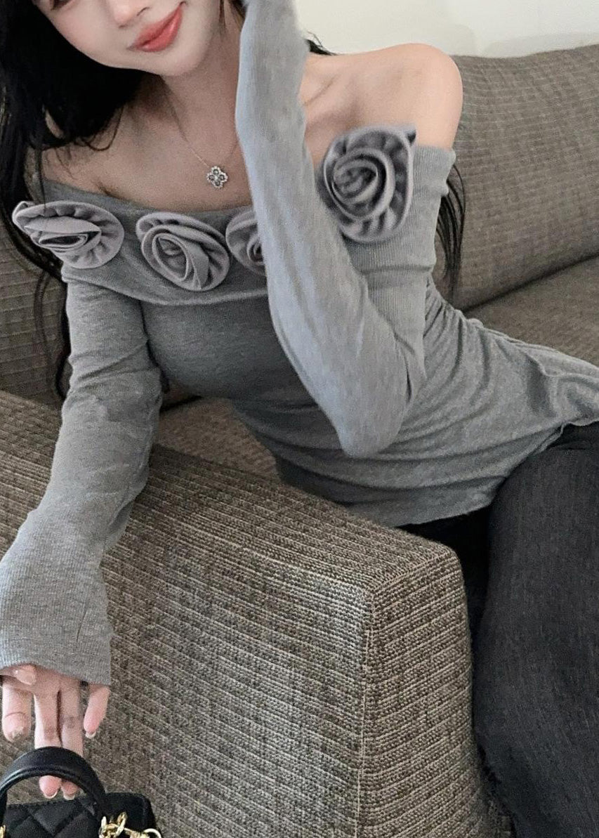 Grey Slash Neck Cold Shoulder Wrinkled Tops Long sleeve RP016