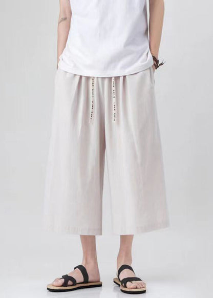 Handmade Beige Pockets Elastic Waist Mens Wide Leg Pants YT015