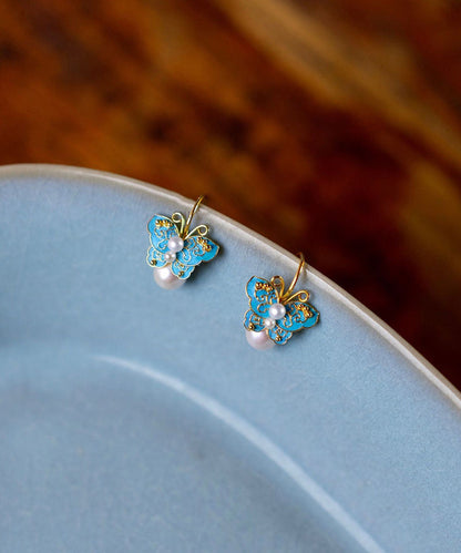 Handmade Blue Sterling Silver Overgild Pearl Enamel Butterfly Drop Earrings WQ008