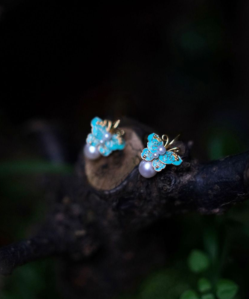 Boucles d'oreilles pendantes en forme de papillon en argent sterling bleu surdoré et émaillé fait main WQ008