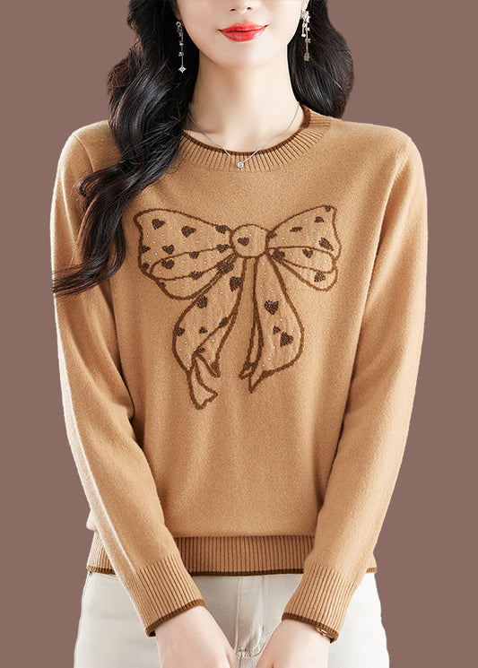 Handmade Camel O-Neck Embroidered Bow Thick Cotton Knit Sweaters Winter TE037