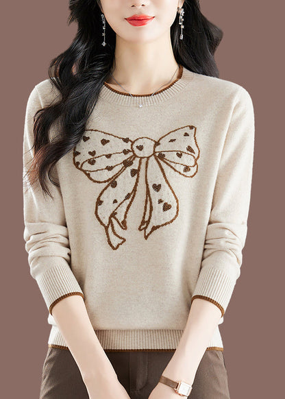 Handmade Camel O-Neck Embroidered Bow Thick Cotton Knit Sweaters Winter TE037