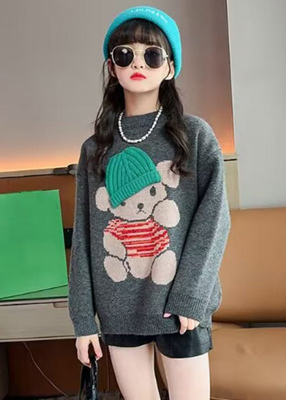 Handmade Dark Grey Cartoon Print Cotton Knit Kids Sweater Spring TP038