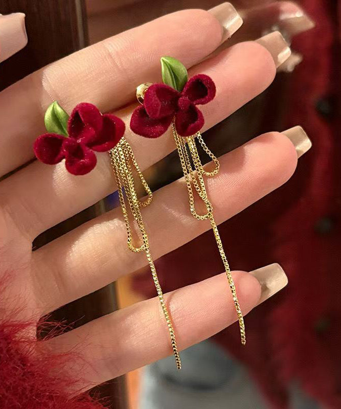 Handmade Mulberry Alloy Silk Velvet Gardenia Flower Tassel Drop Earrings WH035