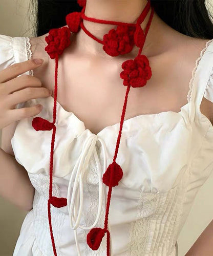 Handmade Red Knit Cotton Rose Leaves Tassel Scarf Necklace YU021