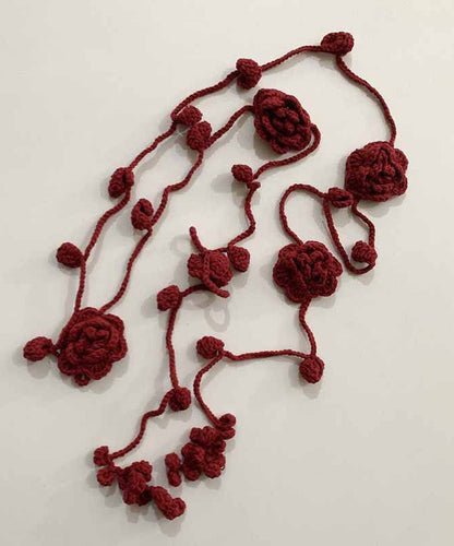 Handmade Red Knit Cotton Rose Leaves Tassel Scarf Necklace YU021