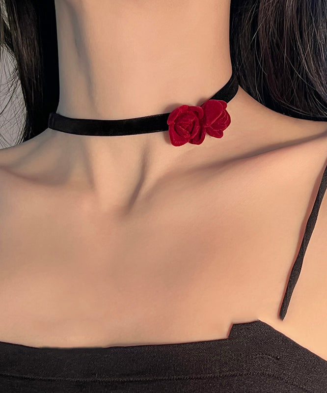 Handmade Red Silk Velvet Floral Bow Pendant Necklace YU017