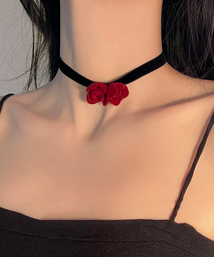 Handmade Red Silk Velvet Floral Bow Pendant Necklace YU017