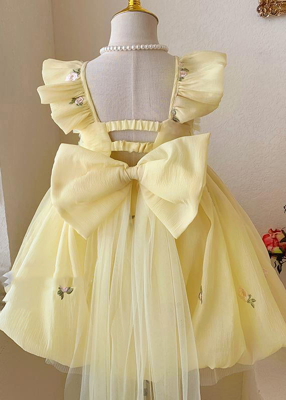 Handmade Yellow Bow Embroideried Backless Tulle Girls Maxi Dresses Summer YE009