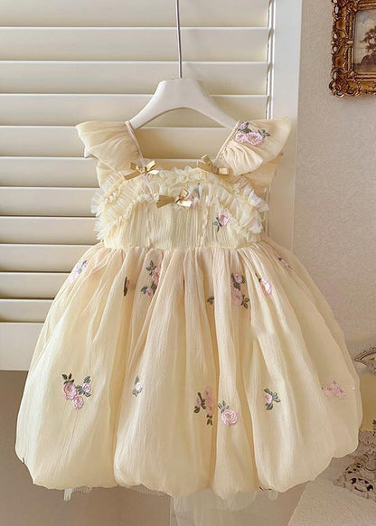 Handmade Yellow Bow Embroideried Backless Tulle Girls Maxi Dresses Summer YE009