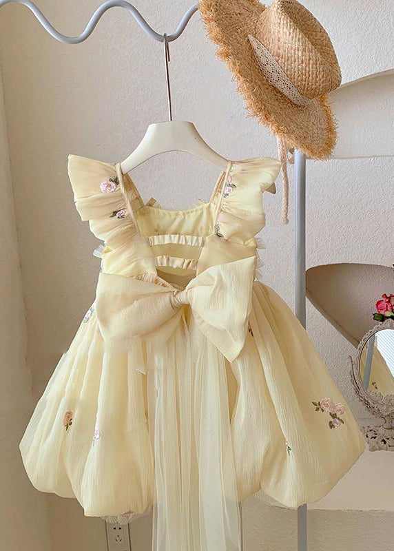 Handmade Yellow Bow Embroideried Backless Tulle Girls Maxi Dresses Summer YE009