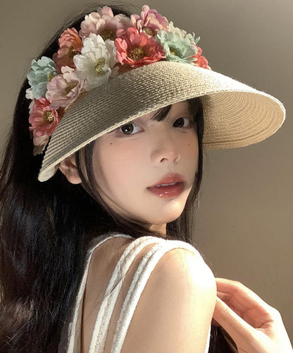 Holiday Style Beige Floral Straw Woven Floppy Sun Hat WB020