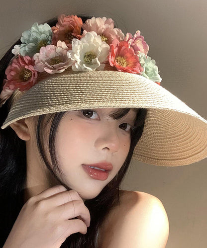 Holiday Style Beige Floral Straw Woven Floppy Sun Hat WB020