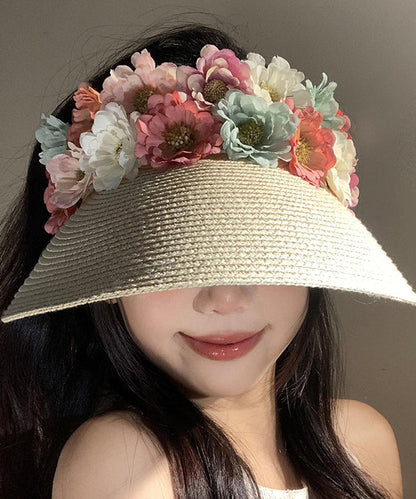 Holiday Style Beige Floral Straw Woven Floppy Sun Hat WB020