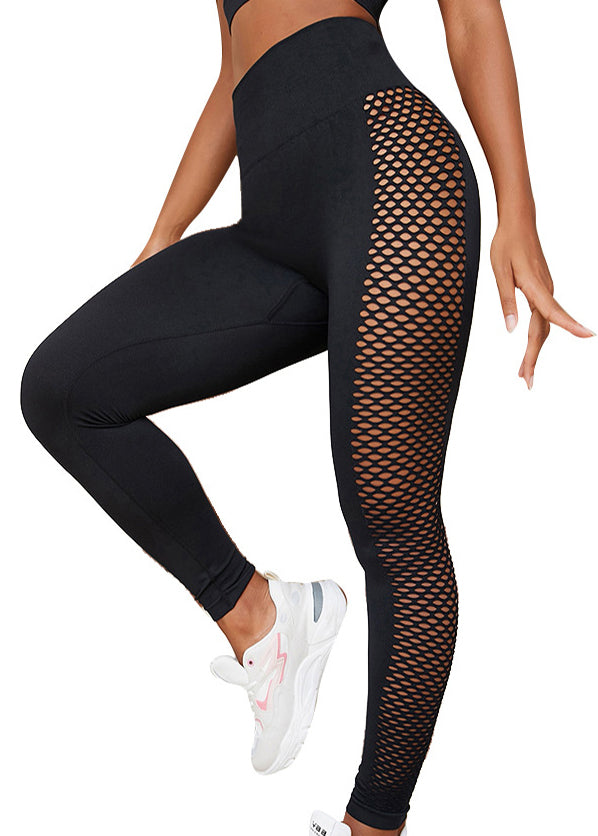 Ignite Black High Waist Hollow Out Mesh Panel Leggings Surf Leggings TD014