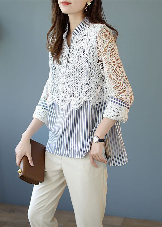 Italian Blue Striped Lace Patchwork Cotton Shirt Spring RL016