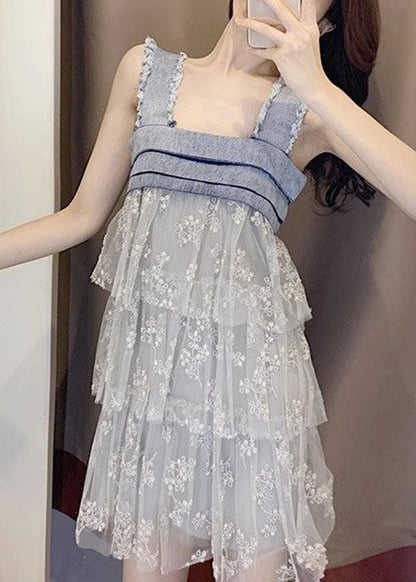 Italian Blue Tulle Patchwork Mid Dress Sleeveless ZL036