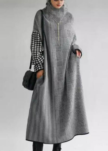 Italian Grey Plaid Hign Neck Patchwork Long Knit Dress Fall WE018