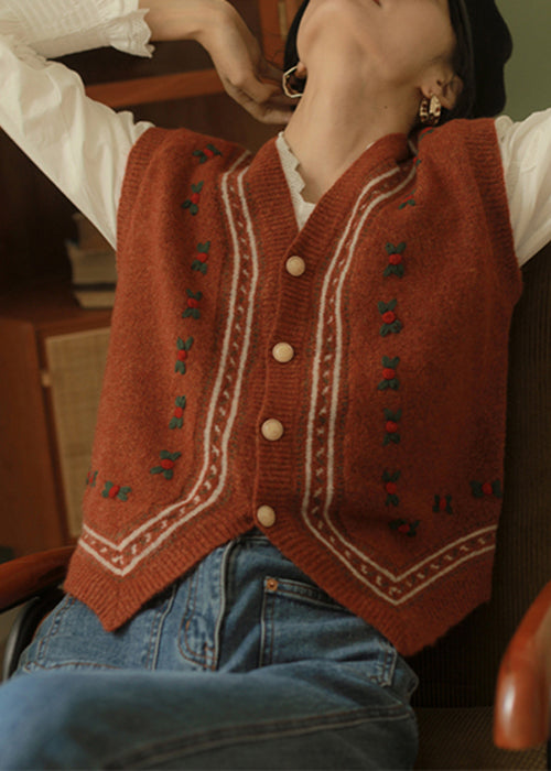 Italian Red V Neck Button Patchwork Knit Waistcoat Sleeveless TU031