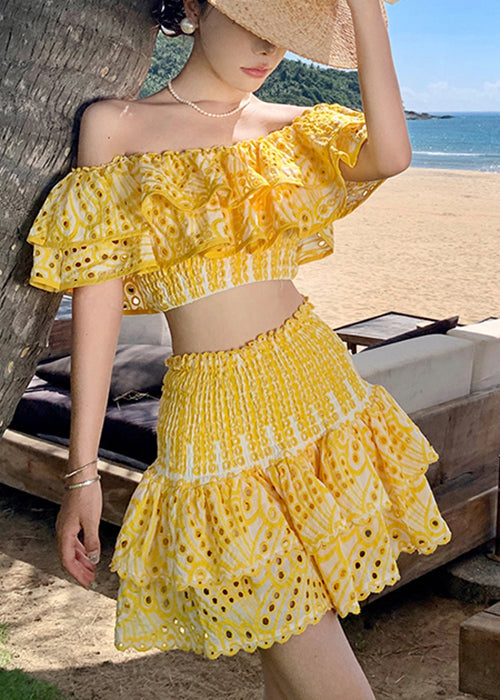 Italian Yellow Slash Neck Hollow Out Cotton 2 Piece Outfit Summer EE1046