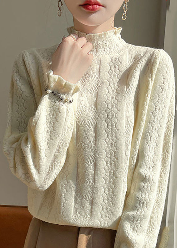 Jacquard Beige Turtleneck Cozy Solid Cotton Knitted Tops Winter TE036