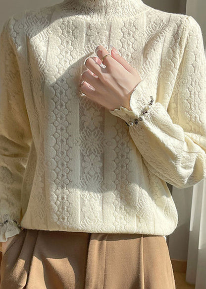 Jacquard Beige Turtleneck Cozy Solid Cotton Knitted Tops Winter TE036