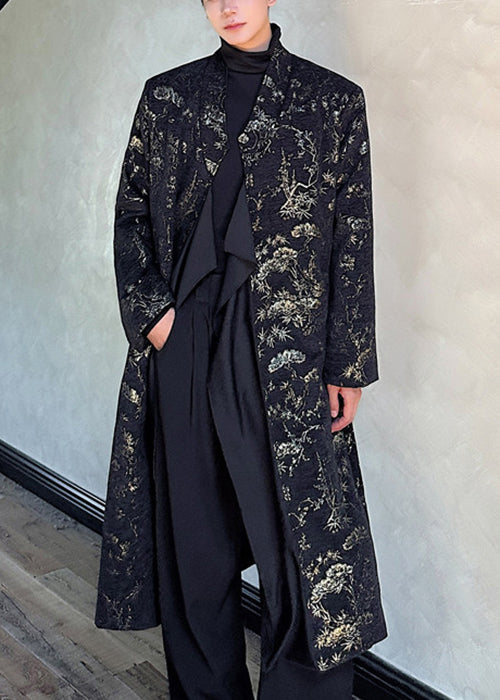 Jacquard Black Side Open Tie Waist Mens Long Coats Fall RO028