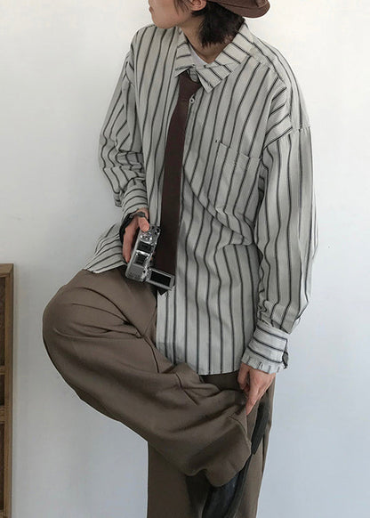 Japanese Style Khaki Peter Pan Collar Striped Men Shirts Fall RO009