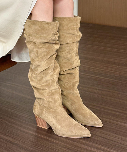 Khaki Chunky Suede Chic Splicing Boots Pointed Toe TP003