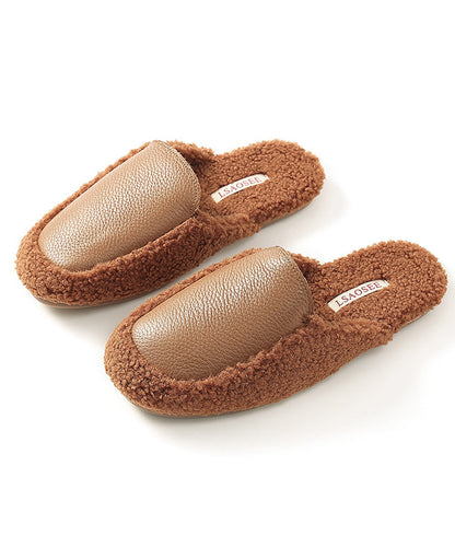 Khaki Comfy Slippers Shoes Splicing Fuzzy Wool Lined TP005