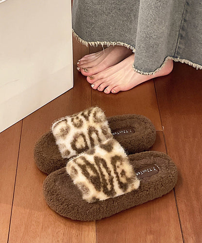 Khaki Leopard Faux Fur Slippers Shoes Splicing Platform TE025