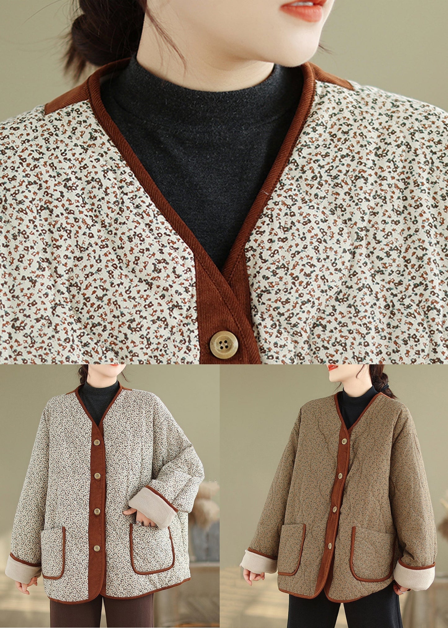 Loose Apricot Print Pockets Patchwork Warm Fleece Coat Winter QG043