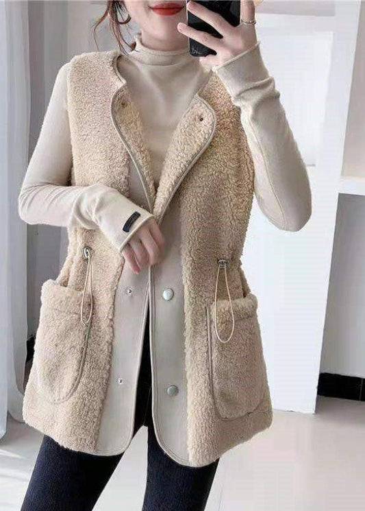 Loose Apricot drawstring Faux Fur Winter waistcoat QD005