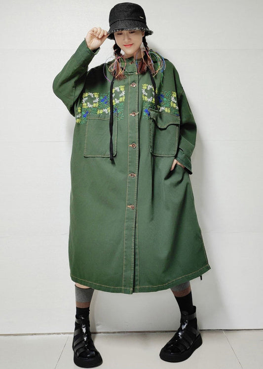 Trench-coat long en denim avec poches à capuche vert armée ample automne MN038