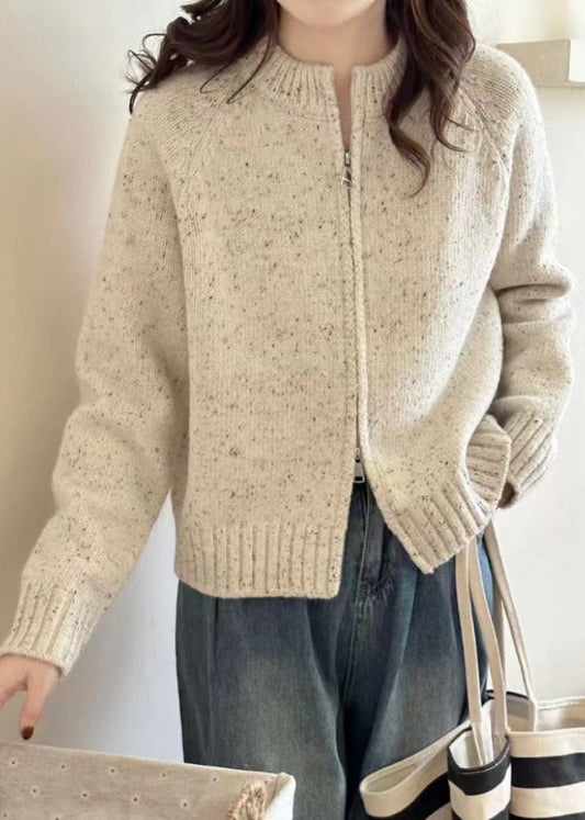 Loose Beige Zippered Patchwork Cozy Knit Coats Long Sleeve TU012