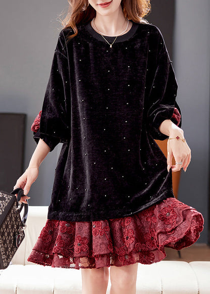 Loose Black Nail Bead Lace Patchwork Silk Velvet Dress Winter RL044