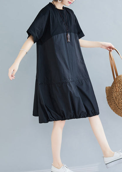 Loose Black O Neck Drawstring Patchwork Cotton Dresses Summer AP081