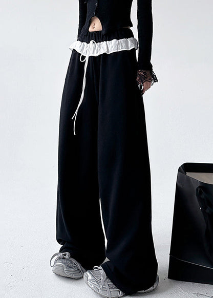 Loose Black Patchwork Tie Waist Straight Pants Spring TA064