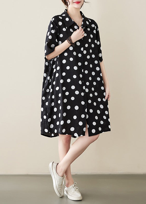 Robe chemise ample en coton à pois et col Peter Pan noir pour l'été AP072