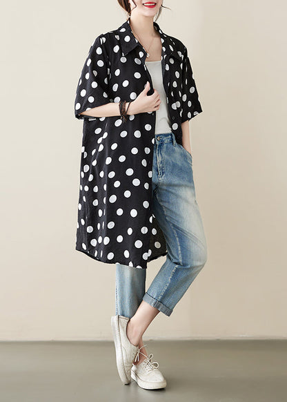 Loose Black Peter Pan Collar Dot Print Cotton Shirts Dress Summer AP072