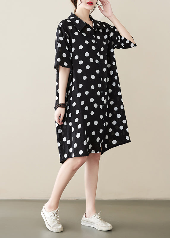 Loose Black Peter Pan Collar Dot Print Cotton Shirts Dress Summer AP072