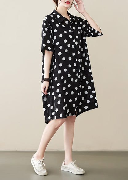 Loose Black Peter Pan Collar Dot Print Cotton Shirts Dress Summer AP072