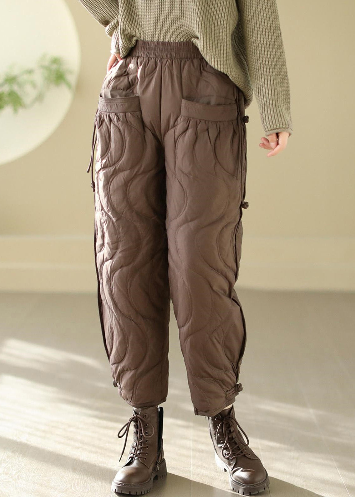 Loose Black Pockets Elastic Waist Thick Warm Pants Winter RK001