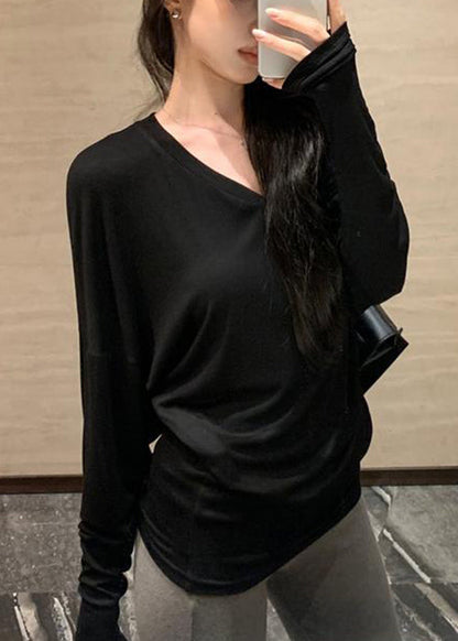 Loose Black Solid Cozy Cotton T Shirts Batwing Sleeve TD025